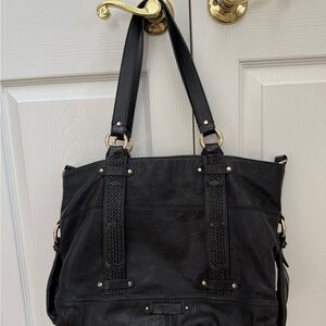 COLE HAAN Black Leather Tote Hand Bag Purse Woven Straps Handles Gold Accents